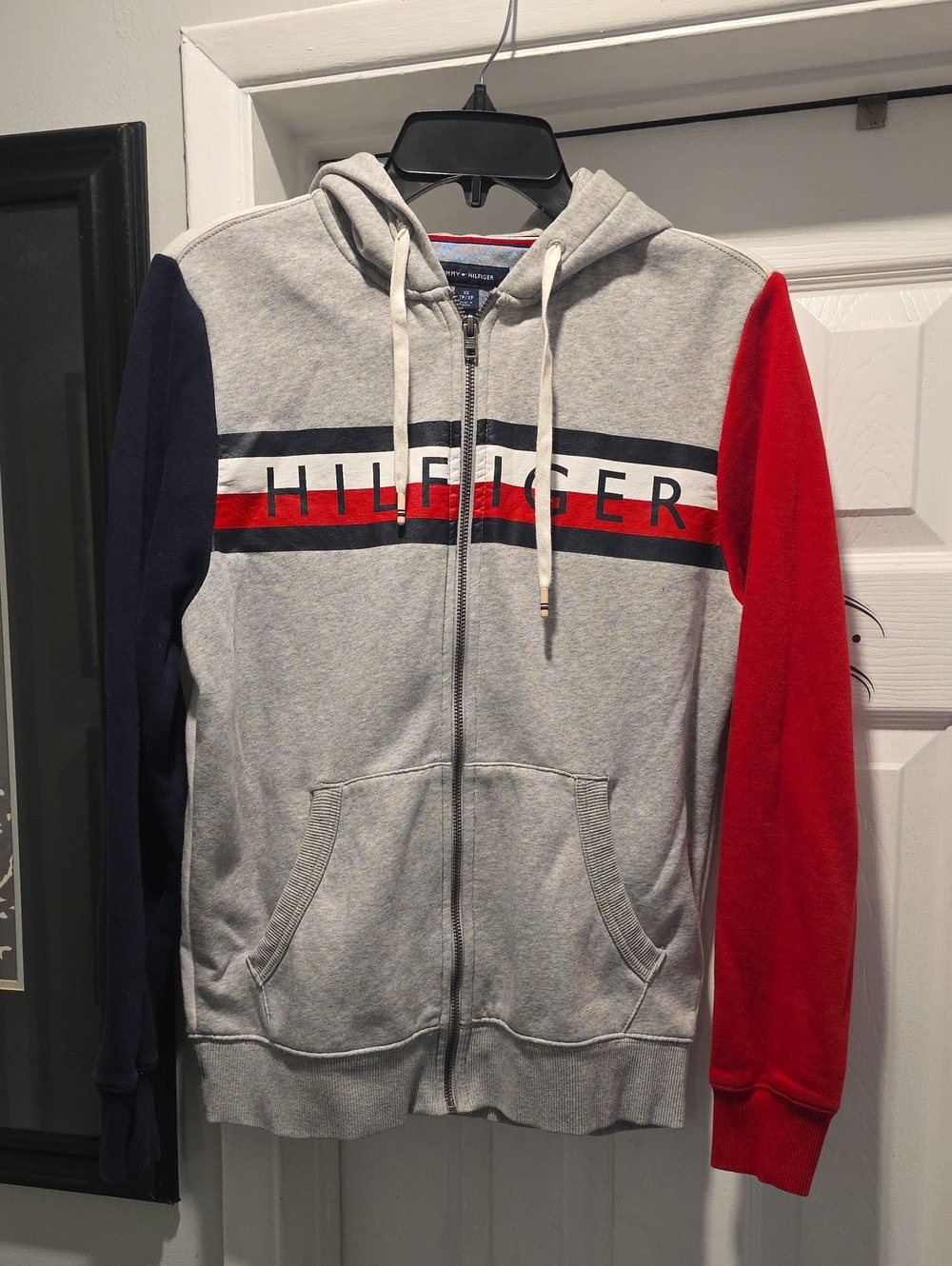 Tommy Hilfiger Grey Zip-Up Hoodie with Red & Navy Sleeves